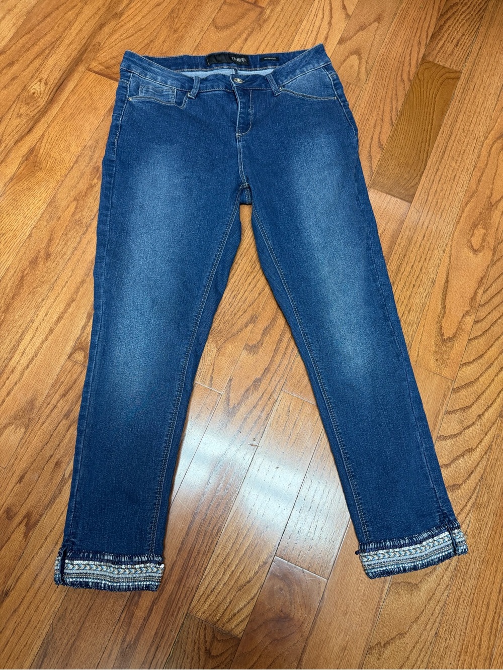 Thorn Women's Mid-Rise Dark Blue Jeans Cropped Size 10 Embellished Ankle